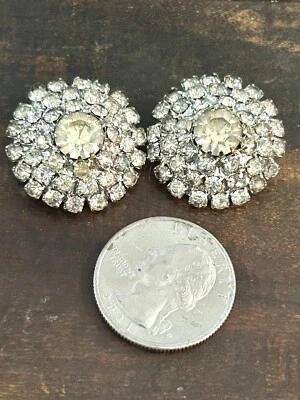 Vintage Pair Of White Rhinestone Clear Buttons Button Set Round Dome Chrome - Image 1 of 4
