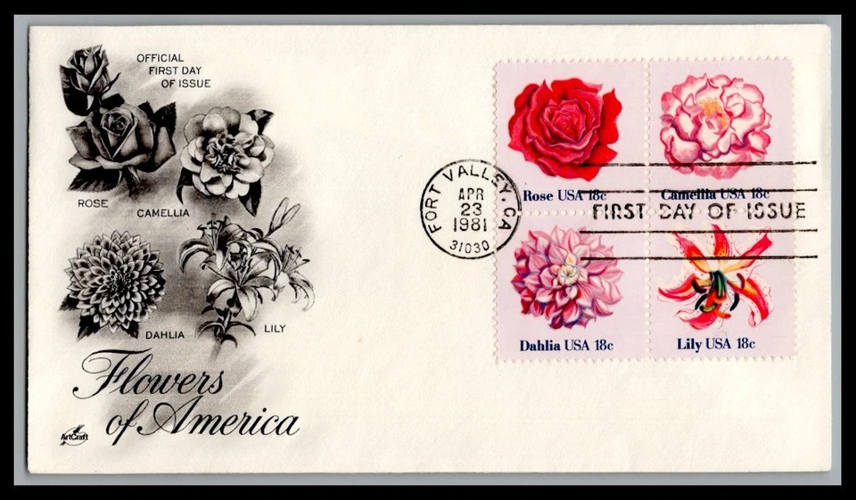 US FDC # 1876-1879 18c Flowers of America ArtCraft block S.Cancel 1981, 0a668 - Image 1 of 1