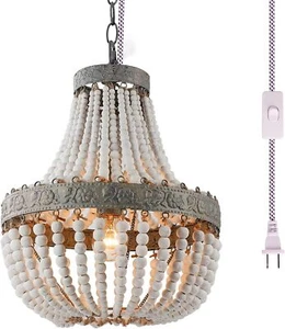 Holzperlen Kronleuchter Anhänger Weiß Boho Deckenleuchte Leuchten Plug-in - Bild 1 von 6