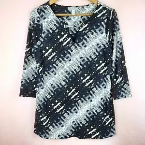 Dana Buchman Women Blouse Black, White & Blue Top 3/4 Sleeve V Neck Size S - Picture 1 of 9