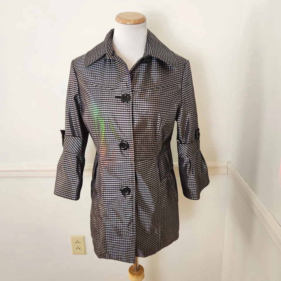 Grace Chuang New York Jacket Sz Small Womens Black Silver Check 3/4 Bell Sleeve  - Image 1 of 4