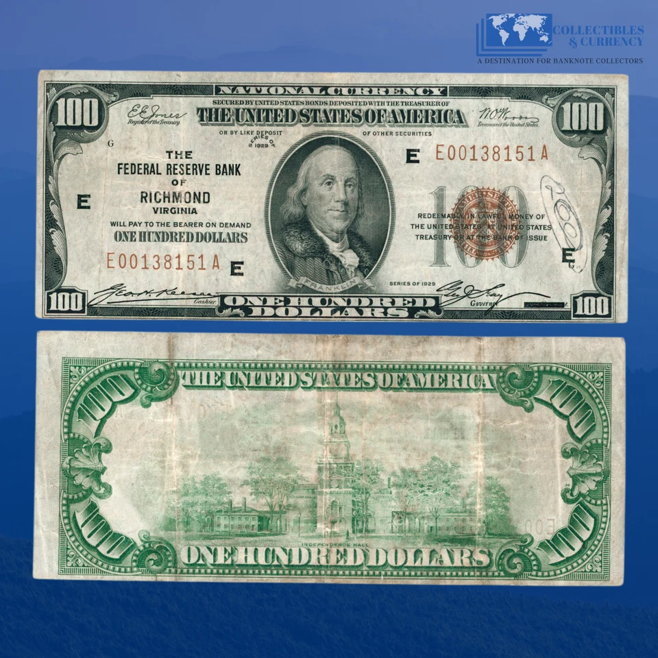 Fr.1890-E 1929 $100 One Hundred Dollars FRBN Richmond, VF #38151 - Image 1 of 1