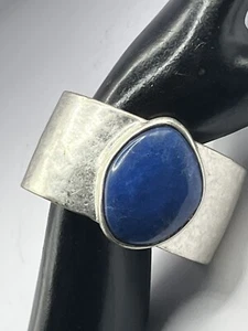 Lucky Brand Cuff Bracelet Lapis Cabochon Silvertone Heavy Stylish Western - Picture 1 of 10