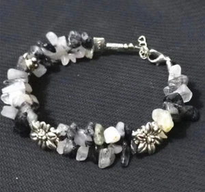 Ladies Bangle Tibetan Silver White Black Crystal Chip Bead Bracelet Jewelry AAA - Picture 1 of 2