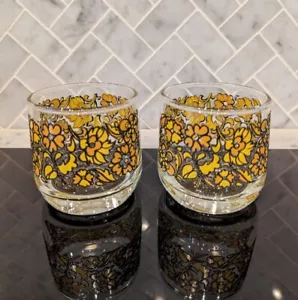 Vintage Hand Painted Yellow Floral Drinking Glasses 2 Juice Glass Yellow Flowers - Picture 1 of 5