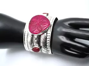 LARGE HANDMADE 925 Silver CARVED FLOWER Lab RUBY CUFF BRACELET Adjustable - Picture 1 of 11