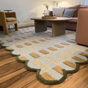 Hand-Tufted Wool Checkered Area Rug – Soft Scalloped Accent for Home Decor - Picture 1 of 4