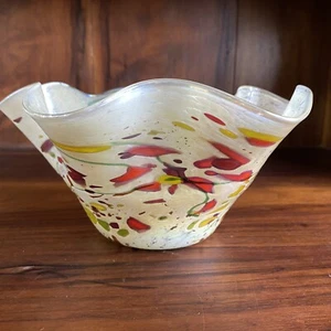 Hand Blown Multicolored Art Glass Bowl Vase VTG Collectible Round Fluted Rim - Picture 1 of 11