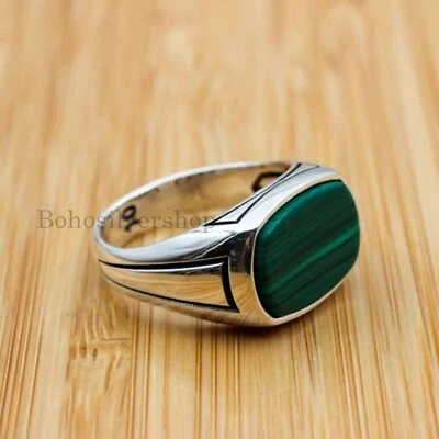 Turkish Malachite Mens Ring 925 Sterling Silver Handmade Stone Gift For Him #395 - Image 1 of 4