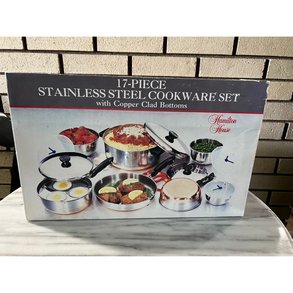 Juego de utensilios de cocina de acero inoxidable de 17 piezas Hamilton House de colección fondos revestidos de cobre nuevo en caja Foto 1 de 4