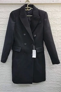 New Mango Wool Double Breasted Coat Black Size Medium - Picture 1 of 5