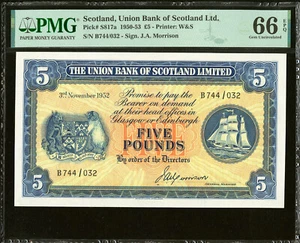 Scotland Union Bank 5 Pounds 3rd November 1952 Pick-S817a GEM UNC PMG 66 EPQ - Picture 1 of 2