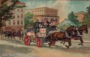 POSTAL MANGUERA CAMIÓN VA A BOMBEROS CABALLO TIRADO DEPARTAMENTO DE BOMBEROS. SERIE P1400 EN RELIEVE - Imagen 1 de 2