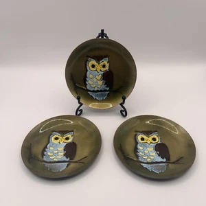 3er Set Vintage Handarbeit Emaille auf Kupfer Eule Teller Bovano USA 3,5" - Bild 1 von 3