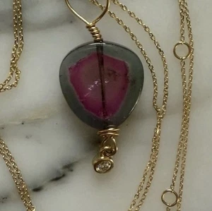 14k YG Gold 0.05Ct Diamond & Watermelon Tourmaline Pendant & Chain Necklace 18” - Picture 1 of 13