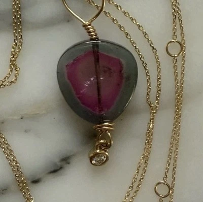 14k YG Gold 0.05Ct Diamond & Watermelon Tourmaline Pendant & Chain Necklace 18” - Image 1 of 4