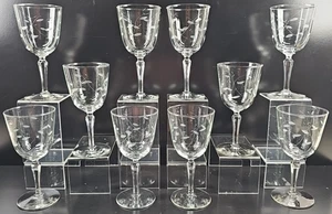 10 Libbey Windswept Water Goblets Set Vintage Floral Cut Etched Stemware MCM Lot - Picture 1 of 24