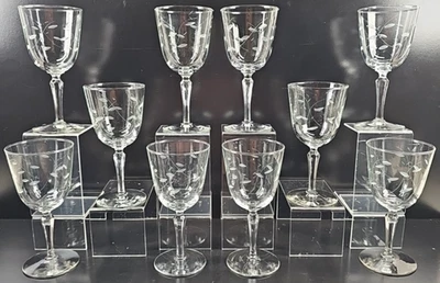 10 Libbey Windswept Water Goblets Set Vintage Floral Cut Etched Stemware MCM Lot - Image 1 of 4