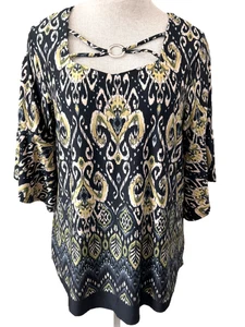 Sami & Jo Bluse Oberteil Gr. M 3/4 Glockenärmel Stretch Pullover grün schwarz - Bild 1 von 7