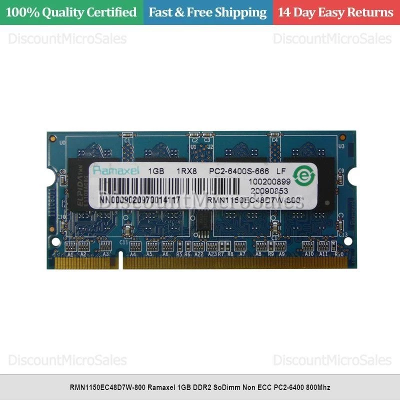 RMN1150EC48D7W-800 Ramaxel 1GB DDR2 SoDimm Non ECC PC2-6400 800Mhz - Image 1 of 1