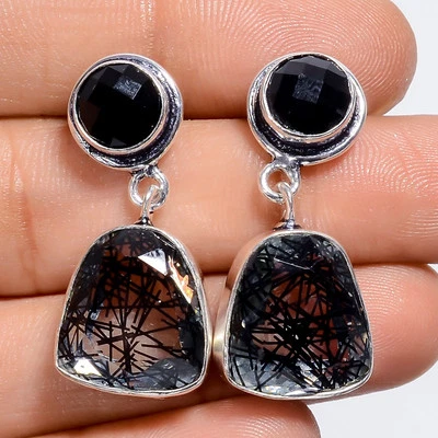 Black Rutile Quartz Onyx Gemstone 925 Silver Handmade Earrings 1.3" ARE-5693 - Image 1 of 3