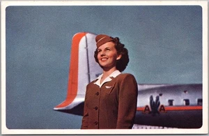 Vintage 1950er American Airlines Werbepostkarte Stewardess "Route der Flaggschiffe" - Bild 1 von 2