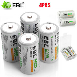4Packs EBL C Size 1.2V 5000mAh Ni-MH Rechargeable Batteries C Cell Battery +Case