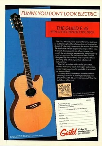 Vintage 80er GUILD F-45 MAGAZIN ANZEIGE PINUP SEITE Akustikgitarre dünner Elektrohals  - Bild 1 von 1