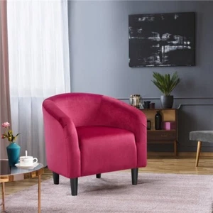 Red Accent Barrel Chair Rounded Comfortable Velvet Wood leg Living Room Bedroom - Picture 1 of 6