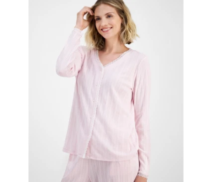Charter Club Women's Pointelle Lace-Trim Pajama Top Pink Size S 00805 - Imagem 1 de 3