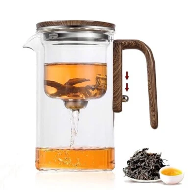 Water Separation Glass Teapot 600ML Tea Infuser Pot Transparent Wooden Handle - Image 1 of 4
