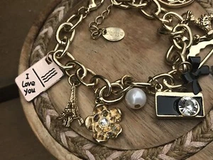 Claire’s Gold Tone Rhinestone Charm Bracelet Camera Clock Flower Dog Paris - Picture 1 of 5