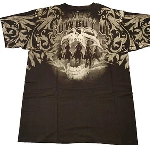 "Cowboy Up" - 4 Cowboys Riding Out A Giant Skull - Black - T Shirt Lrg - Picture 1 of 2