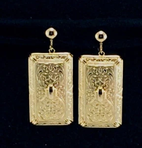Clip On Earrings Rectangular Gold Tone Embossed Dangler with 2 Inch Drop - Picture 1 of 8