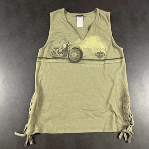 Harley Davidson Women’s Medium Tank Olive V-neck Biker Tie Up Sides Sleeveless - Picture 1 of 7