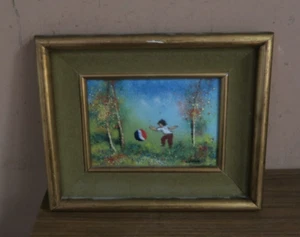 Vintage Enamel on Copper Art Painting Boy Kid Ball Signed Fleming 5" x 7" Framed - Picture 1 of 5