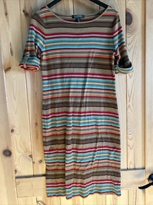 lauren ralph lauren 100% Baumwolle Navajo Western Streifen Kleid 1/2 Arm Türkis - Bild 1 von 6