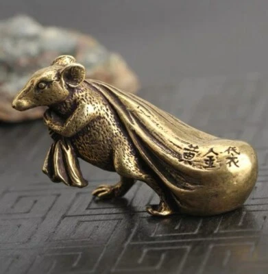 6 Cm Pure Bronze Copper Zodiac Animal Rat Mouse Bring Wealth Sack Statue - Image 1 of 4