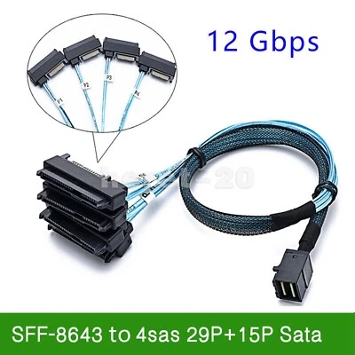 SAS SATA Cable SFF-8643 Internal Mini SAS HD to (4) 29pin SFF-8482 with 15pin - Image 1 of 4