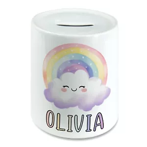 Personalised Rainbow Cloud Girls Money Box Piggy Bank Savings Jar Kids Custom - Picture 1 of 2