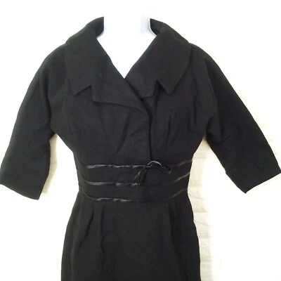 Vintage 50s Little Black Wiggle Dress Lady-M(8) Wool Shawl Collar Zipback Fitted - Image 1 of 4