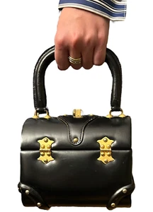 Tano of Madrid Box Purse Black Leather Handbag Brass Hinges Spain Scuffs Vintage - Picture 1 of 13