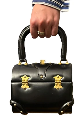 Tano of Madrid Box Handbag Black Leather Vintage Purse Brass Hinges Spain Scuffs - Image 1 of 4