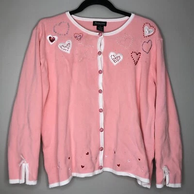 Hampshire Studio Women's XL Pink Button Front Beaded Sequin Coquette Sweater - Image 1 of 4