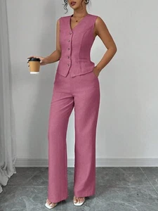 Women’s Rose Pink Pantsuit – Sleeveless Vest & Wide-Leg Pants, Linen Look Set - Picture 1 of 15