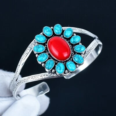 Brazalete ajustable de plata de ley 925 hecho a mano con piedras preciosas de coral rojo turquesa Foto 1 de 4