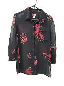 JM Collection Button Up Blouse Long Sleeve Sheer Black Red Floral Womens Size 10 - Picture 1 of 10