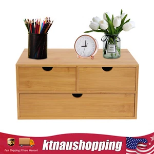 Bamboo Desk Organizer Mini Tabletop Bamboo Desk Drawer Storage Box w/ 3 Drawers - Picture 1 of 11