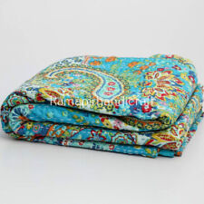 Vintage Turquoise Paisley Cotton Kantha Quilt Twin Size Throw Blanket Bedspread