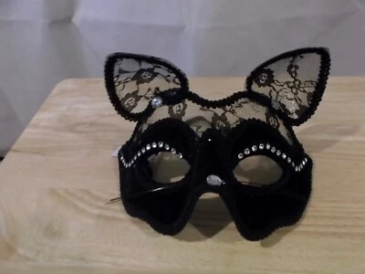 MASCARILLA GATO NEGRO DAMAS - HALLOWEEN - PEDRERÍA - ENCAJE - NUEVA CON ETIQUETAS Foto 1 de 3